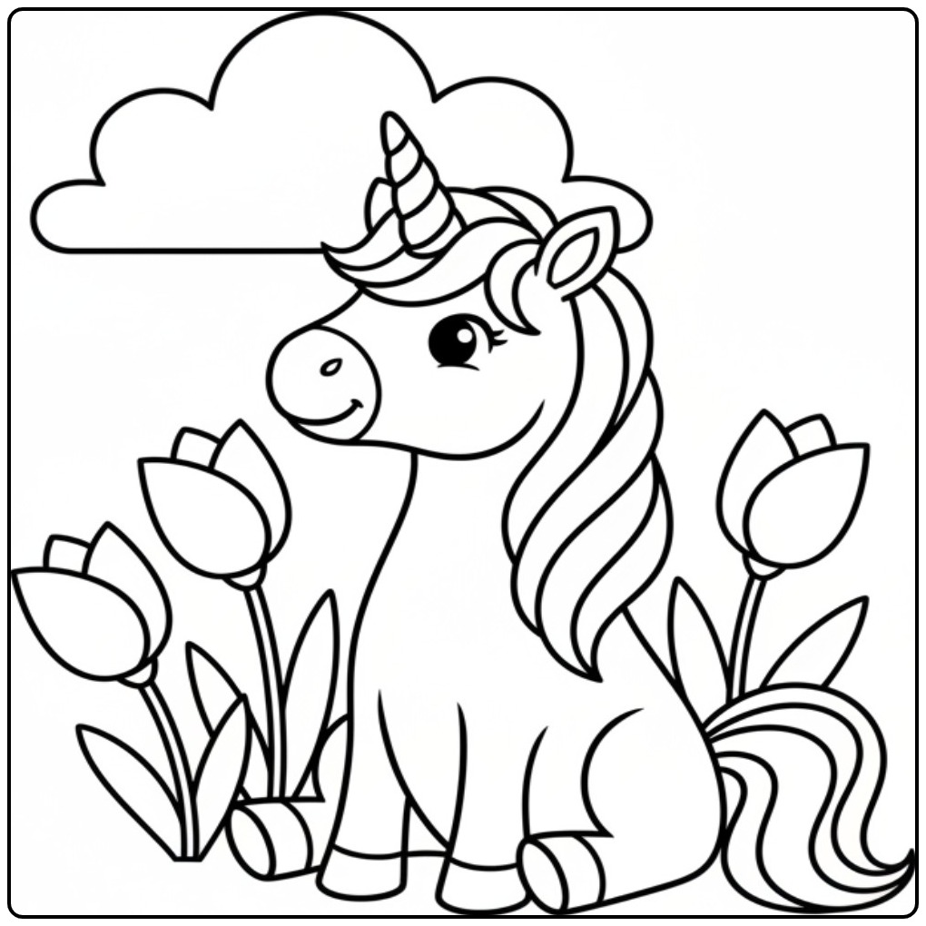 Sitting Among the Flowers Unicorn Easy coloring page