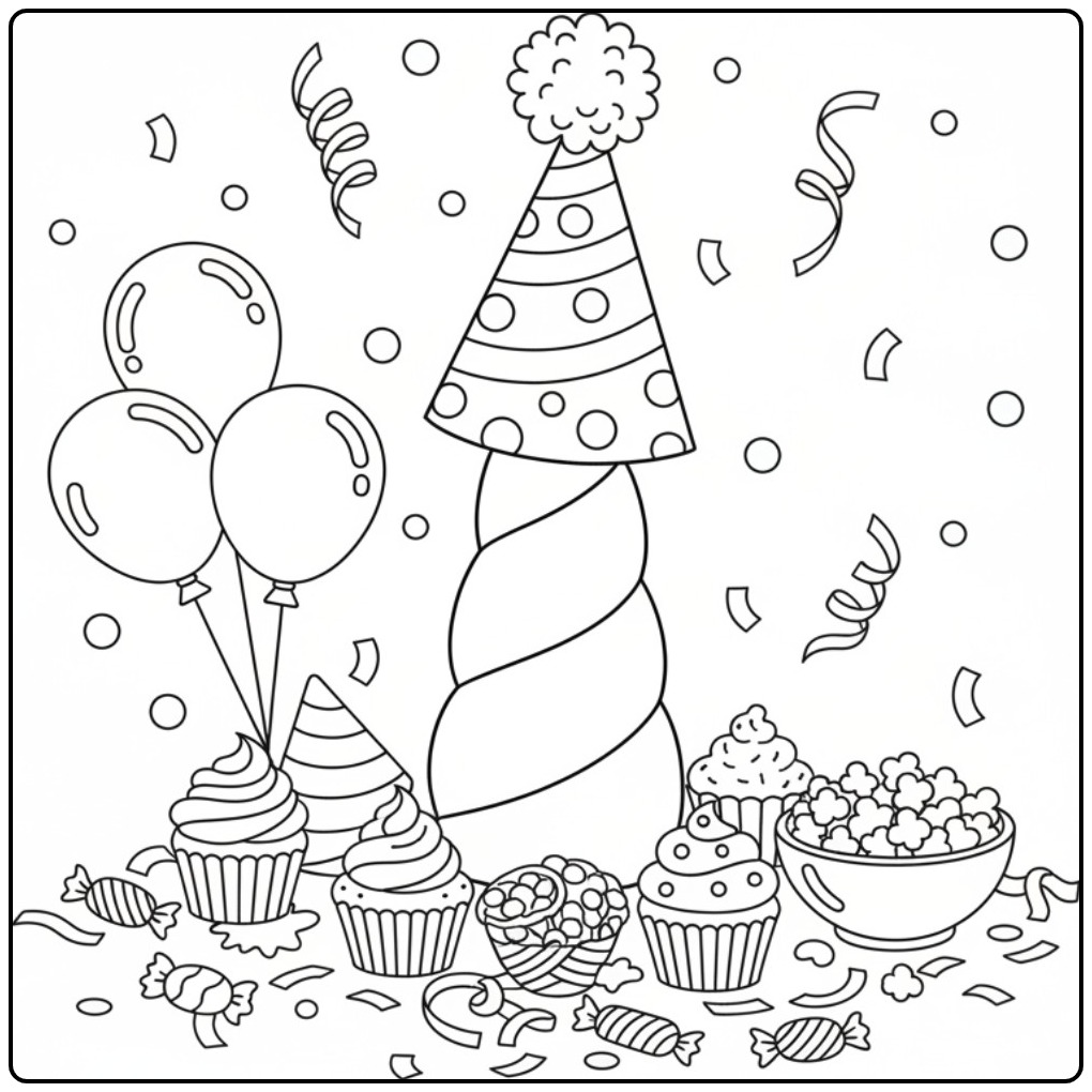 Sweet Unicorn Horn Birthday with Balloons coloring page