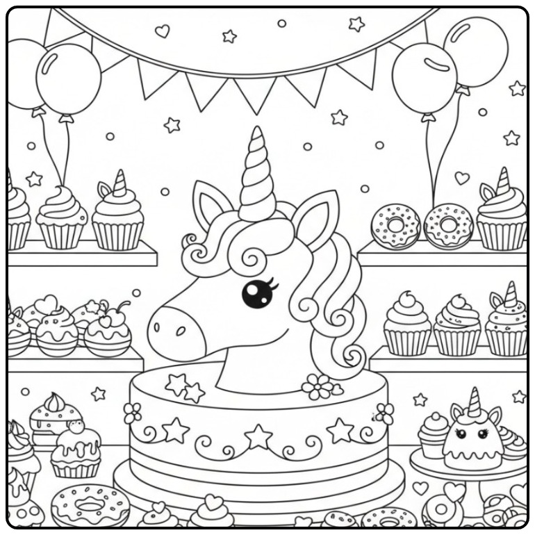 Sweet Unicorn Head Birthday and Treats coloring page