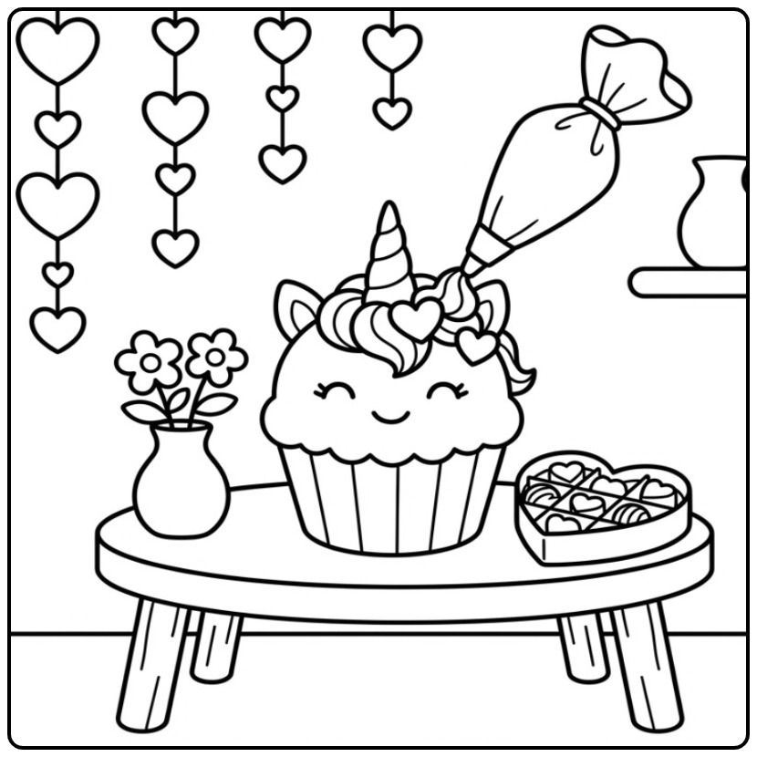 Sweet Valentine Unicorn Cupcake Hearts coloring page