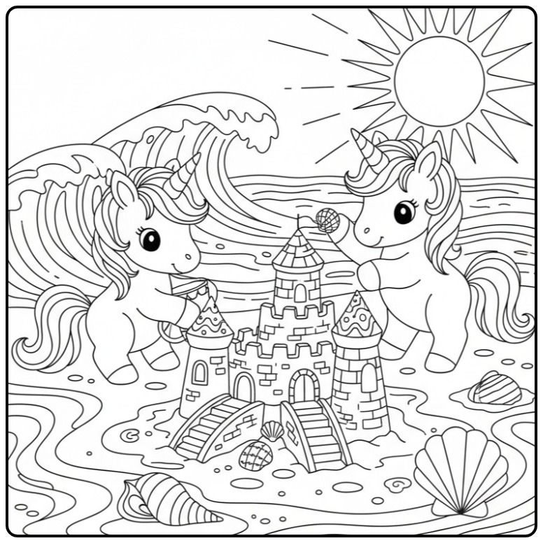 Summery Baby Unicorn Friends on the Beach coloring page
