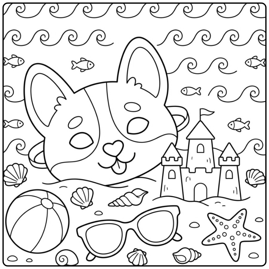 Corgi Dog Mask on the Beach coloring page