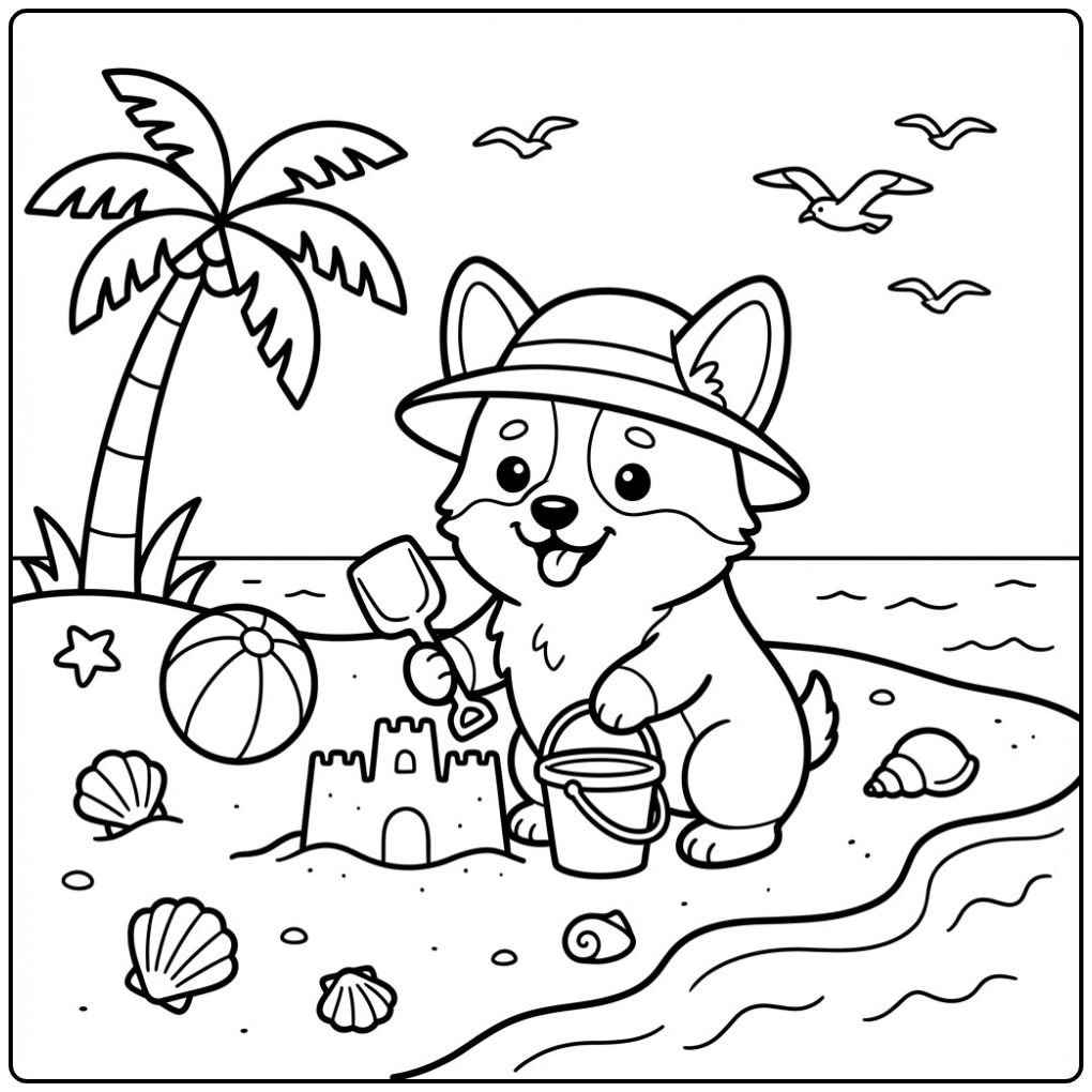 Corgi Building a Sandcastle at the Beach coloring page