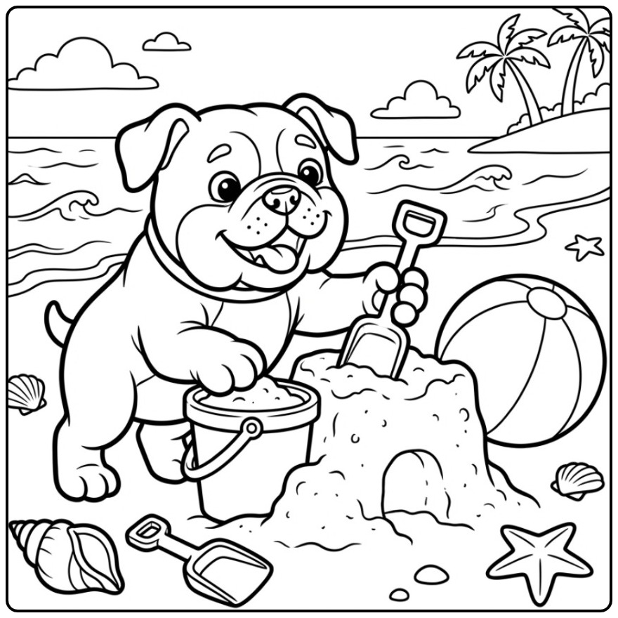Bulldog Building a Sandcastle at the Beach coloring page