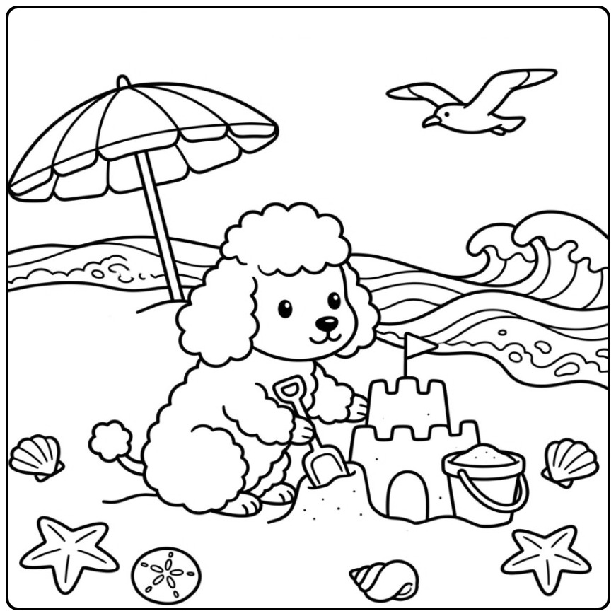 Summery Day at Sea Poodle with a Sand Castle coloring page