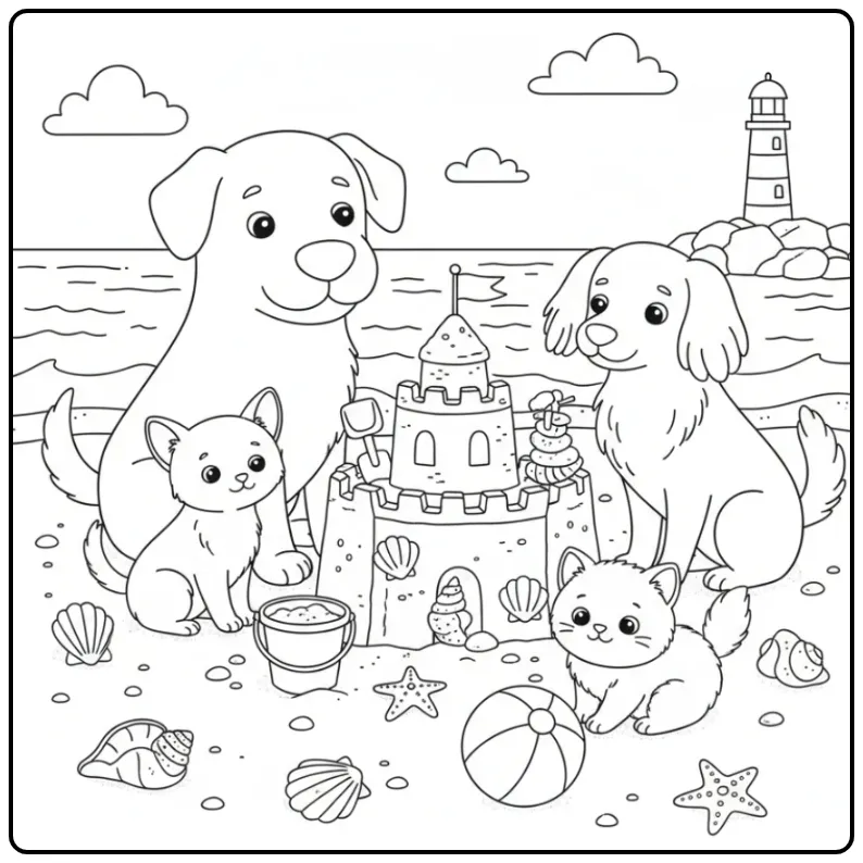Dogs and Kittens Building a Sandcastle at the Beach coloring page