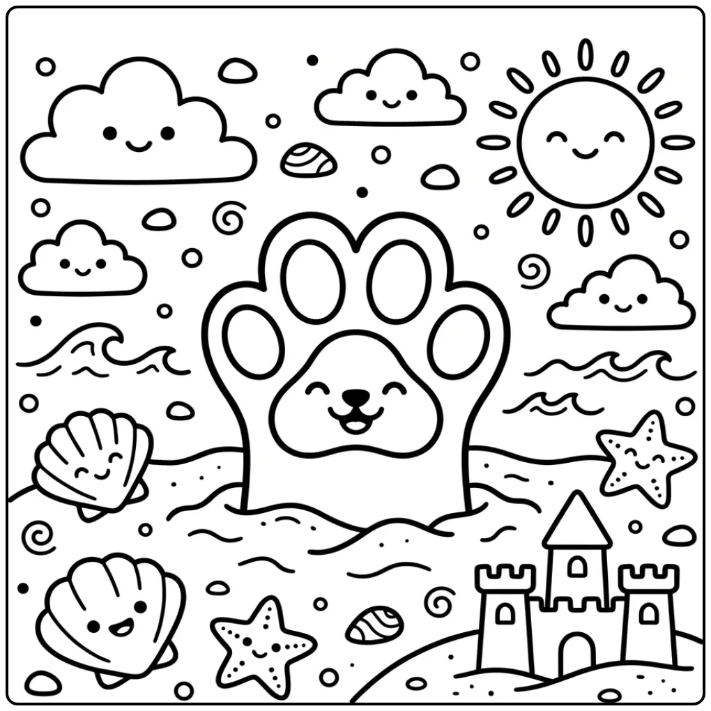 Summer Dog Paw with Sandcastle and Waves coloring page