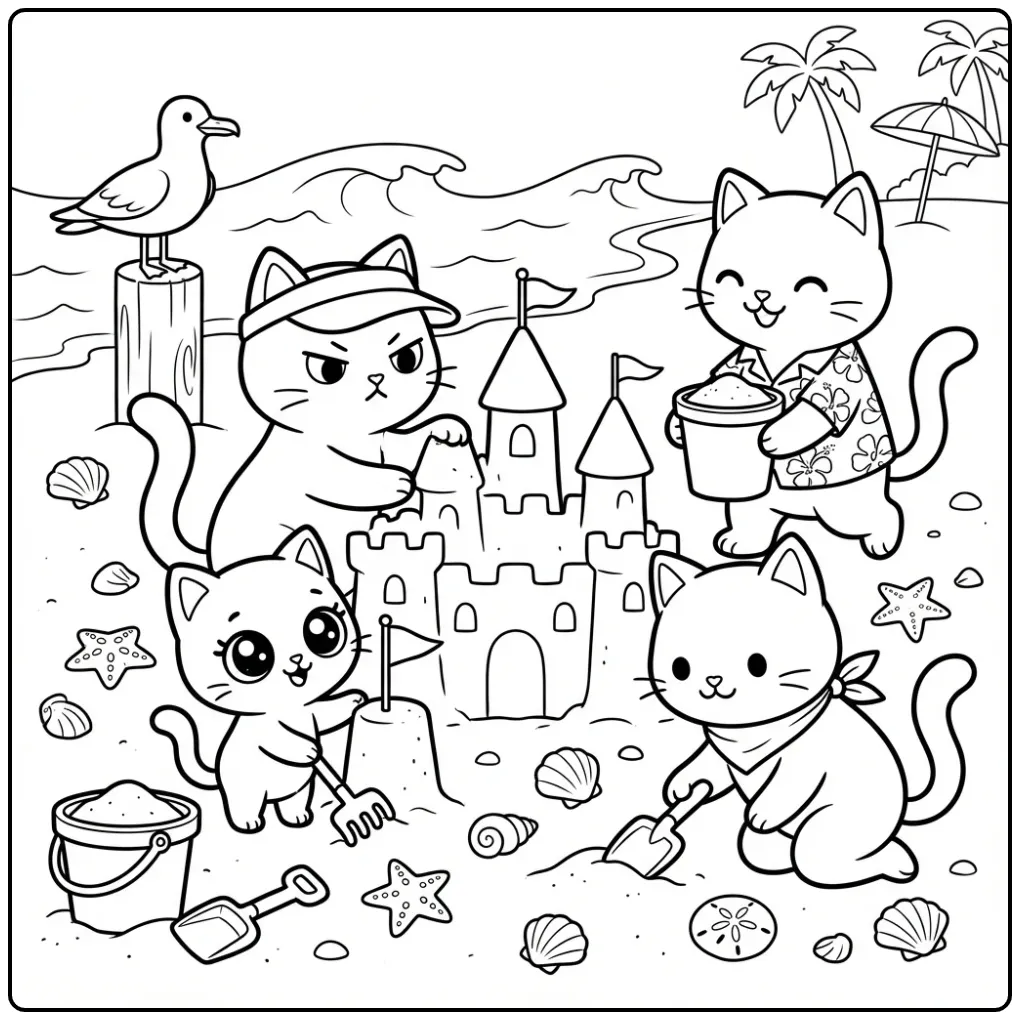 Summer Cat and Kitten with a Sandcastle coloring page