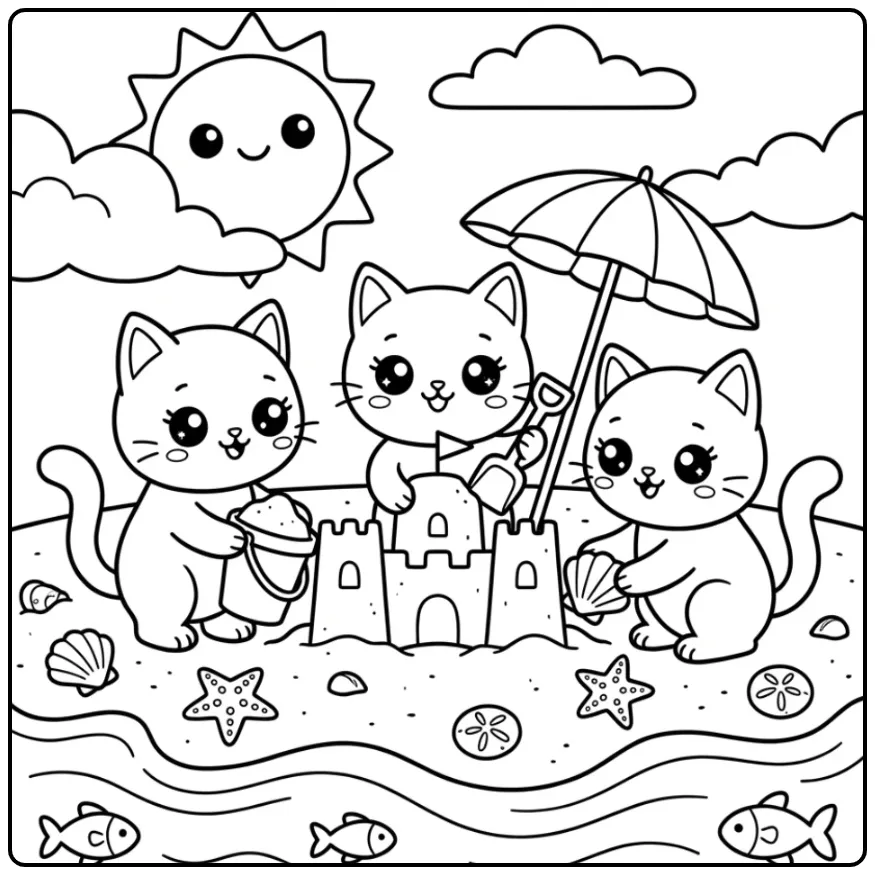 Summer Cats on the Beach with a Sandcastle coloring page