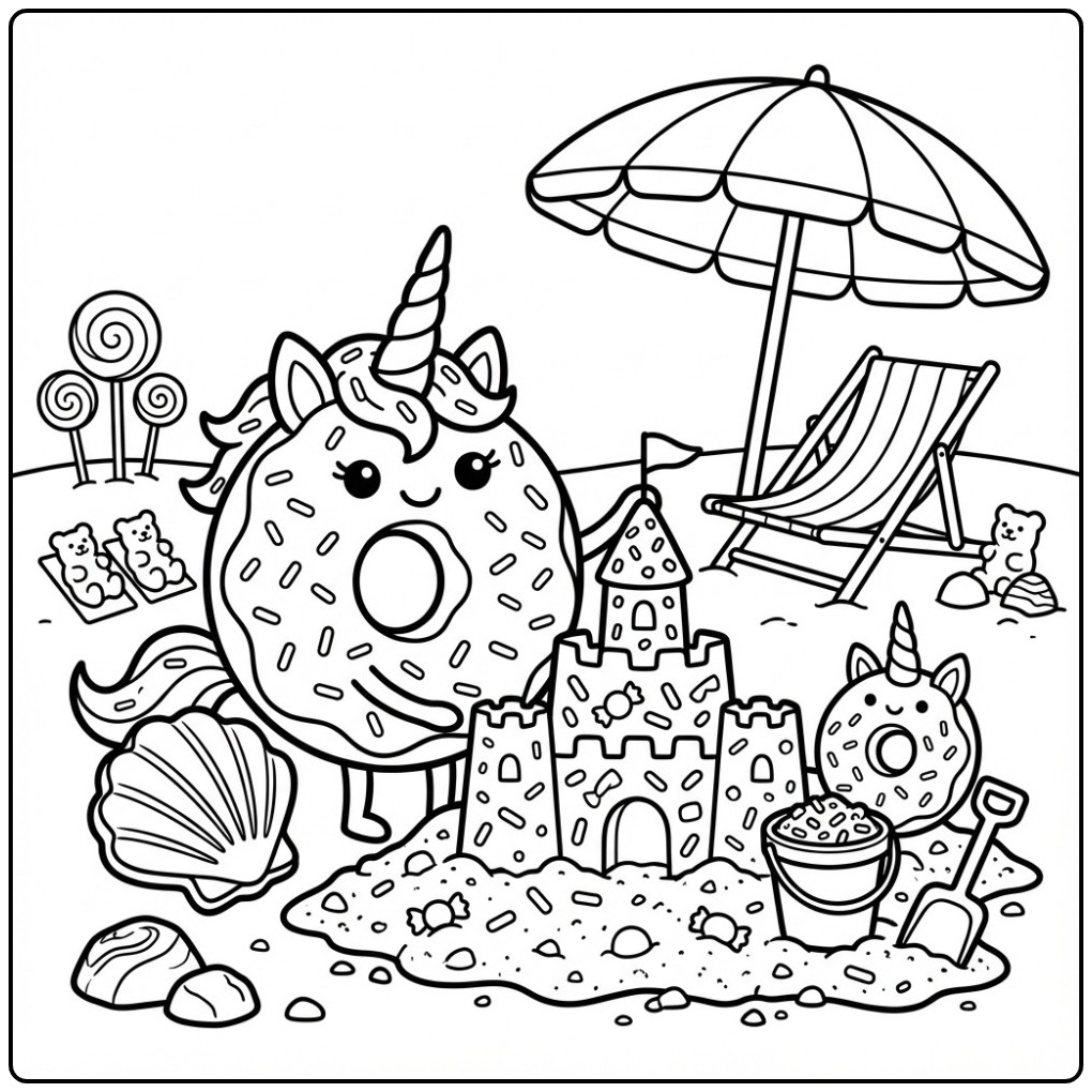 Summery Donut Unicorn and a Sand Castle coloring page