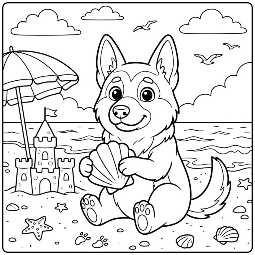 Summery German Shepherd with Parasol and Shells coloring page