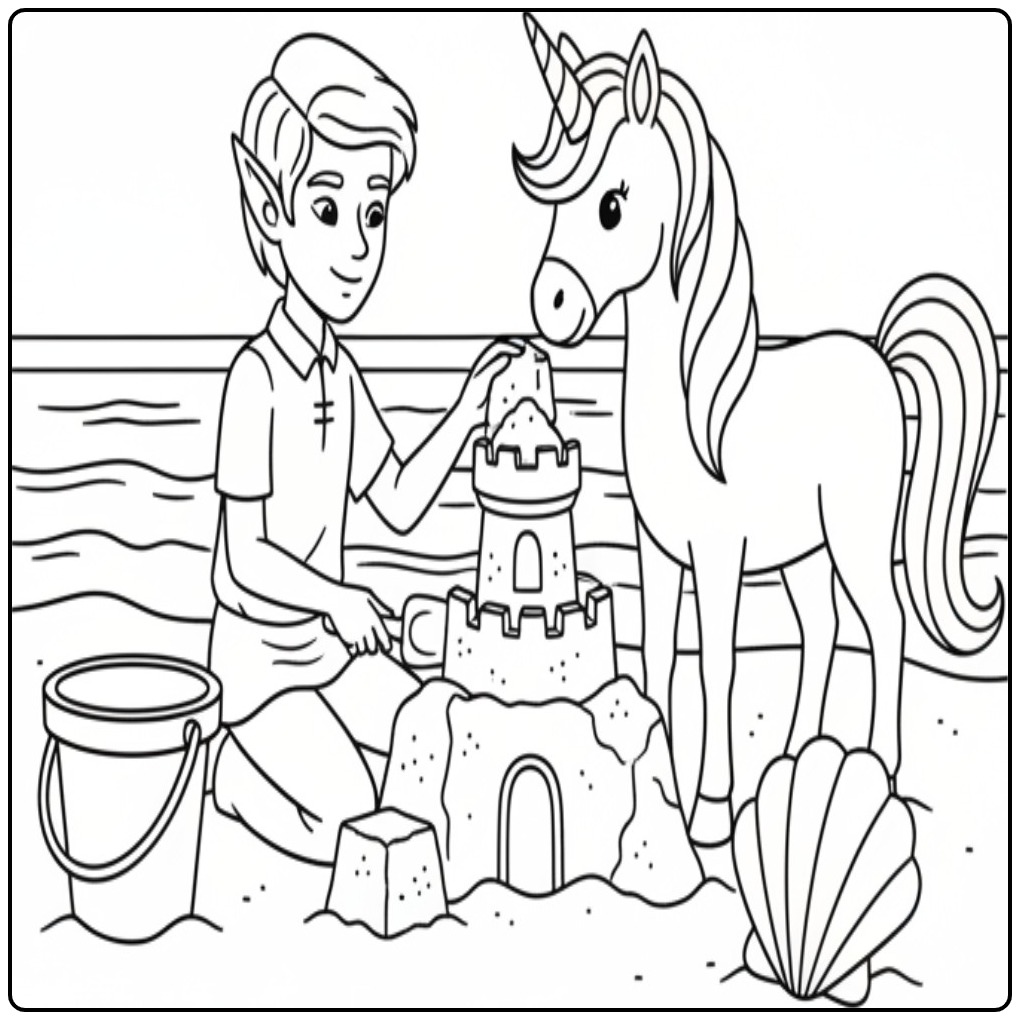 Summery Fairy and Unicorn Building a Sand Castle coloring page