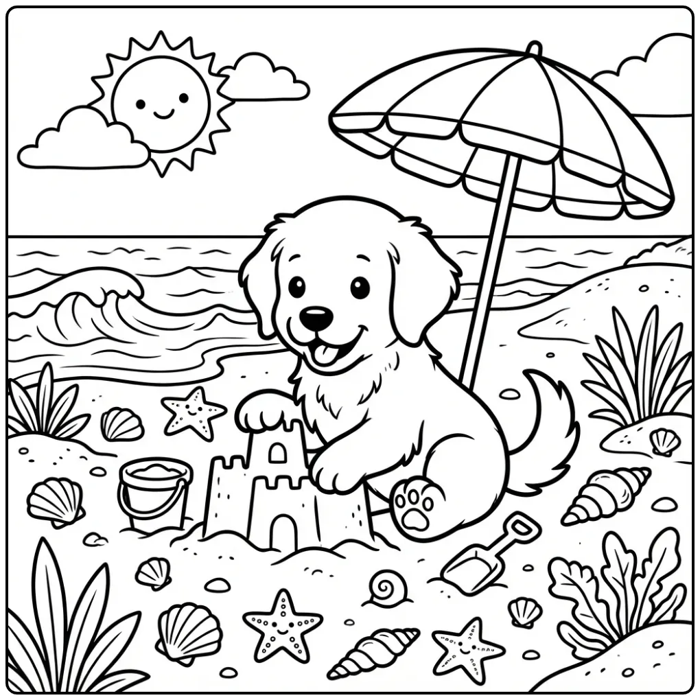 Summery Golden Retriever Puppy at the Beach coloring page