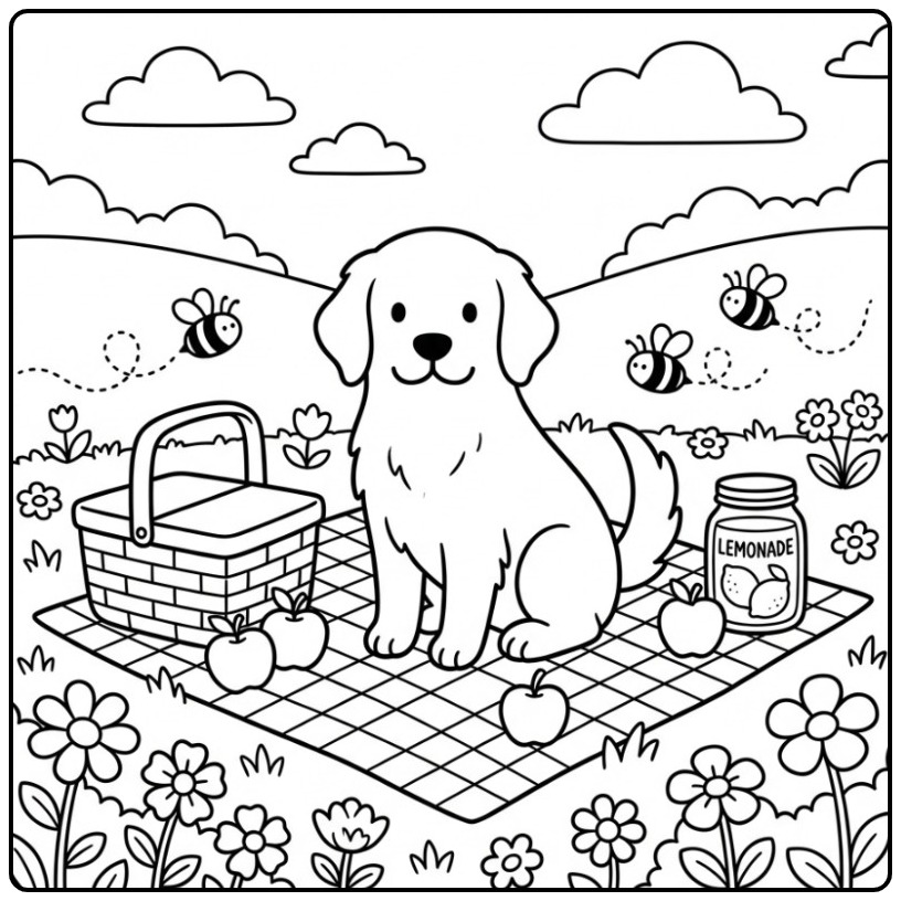 Summery Golden Retriever During a Fun Picnic coloring page