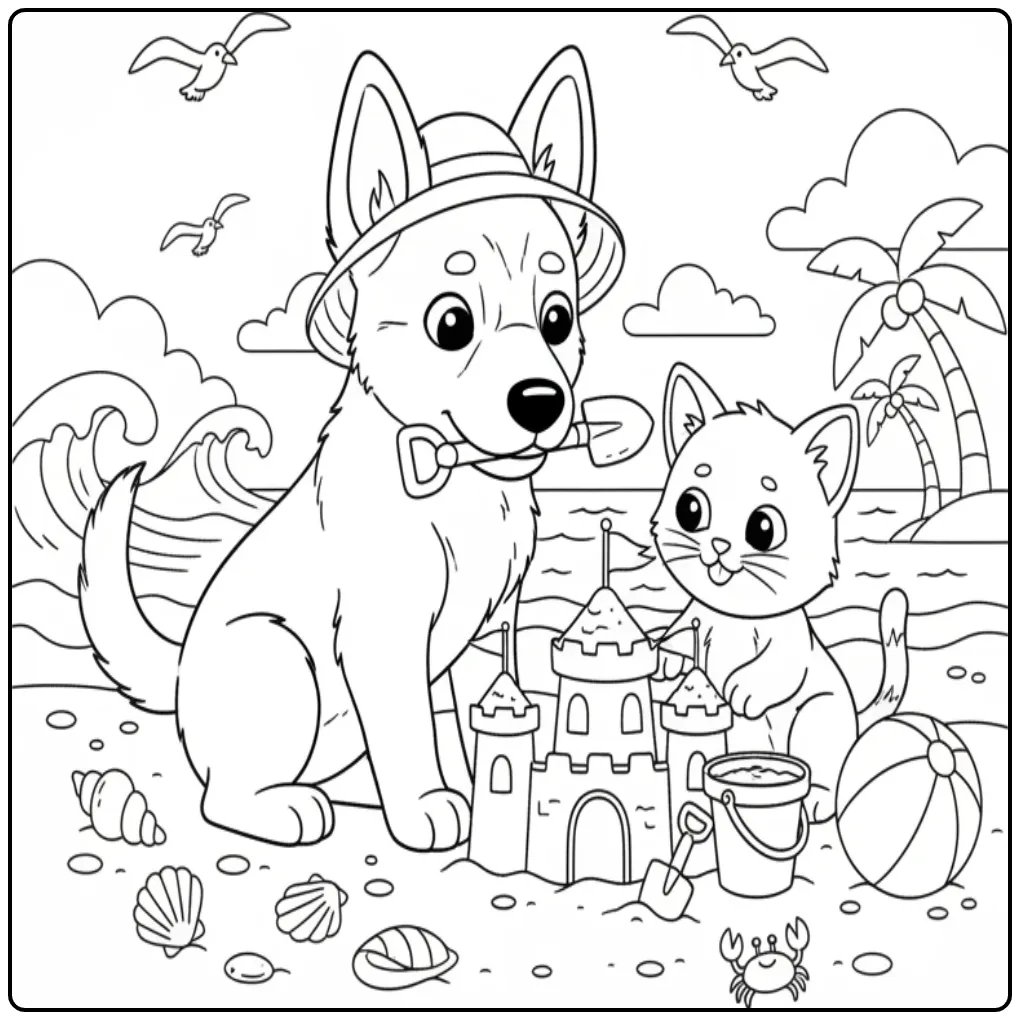Shepherd Puppy and Kitten Building a Sandcastle coloring page