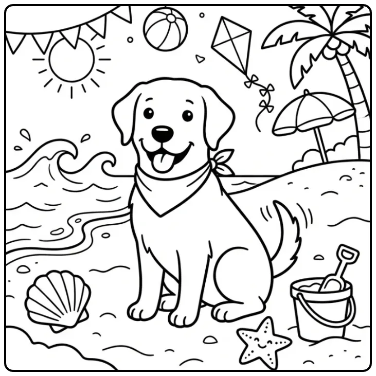 Summer Cute Dog with a Beach Bucket coloring page