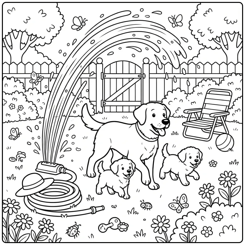 Labrador and Puppies Running Through a Sprinkler coloring page