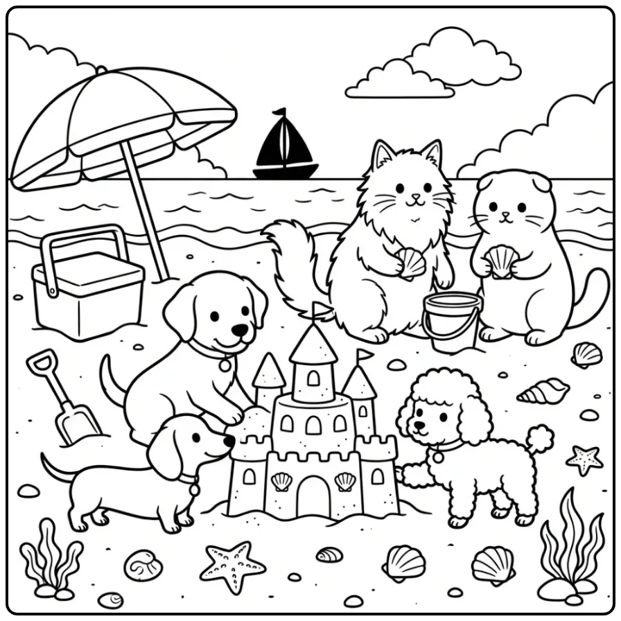 Puppies and Kittens Building a Sandcastle on the Beach coloring page