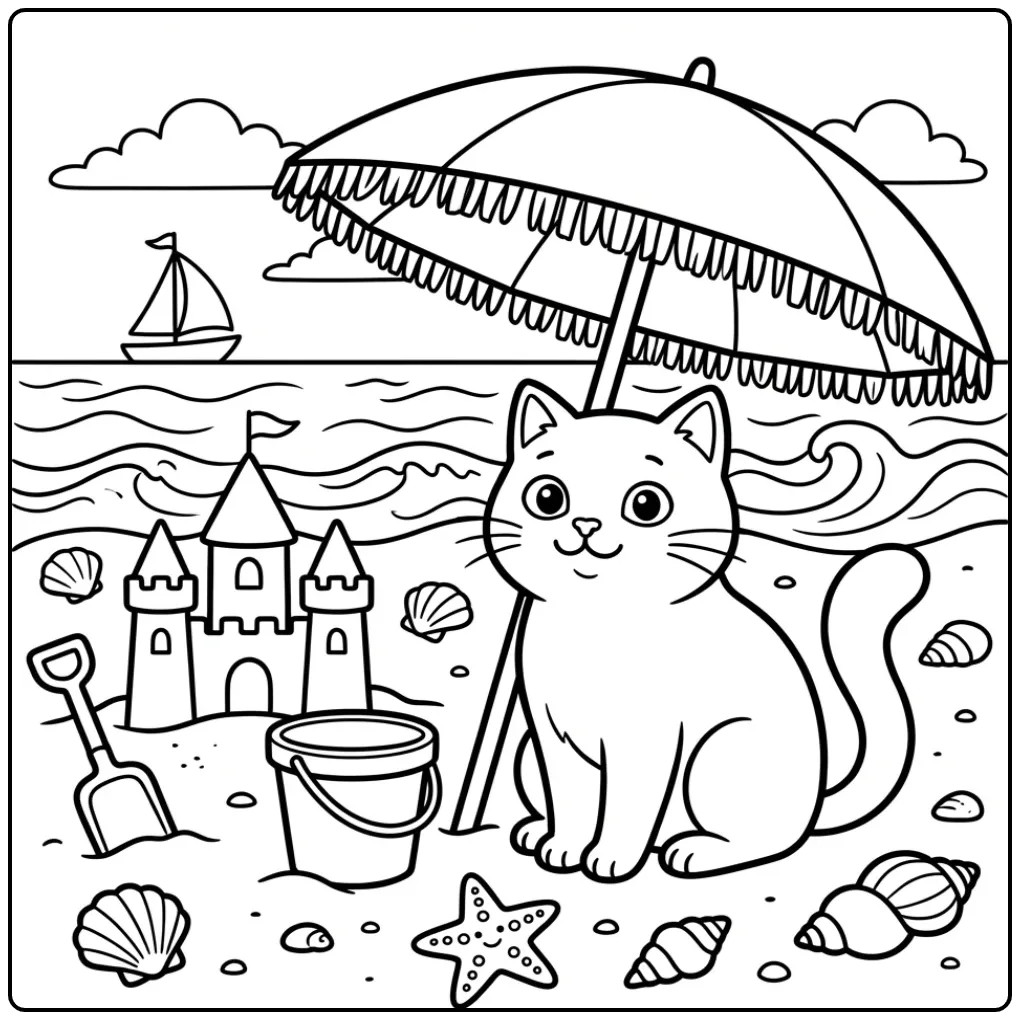 Cat coloring page under a beach umbrella