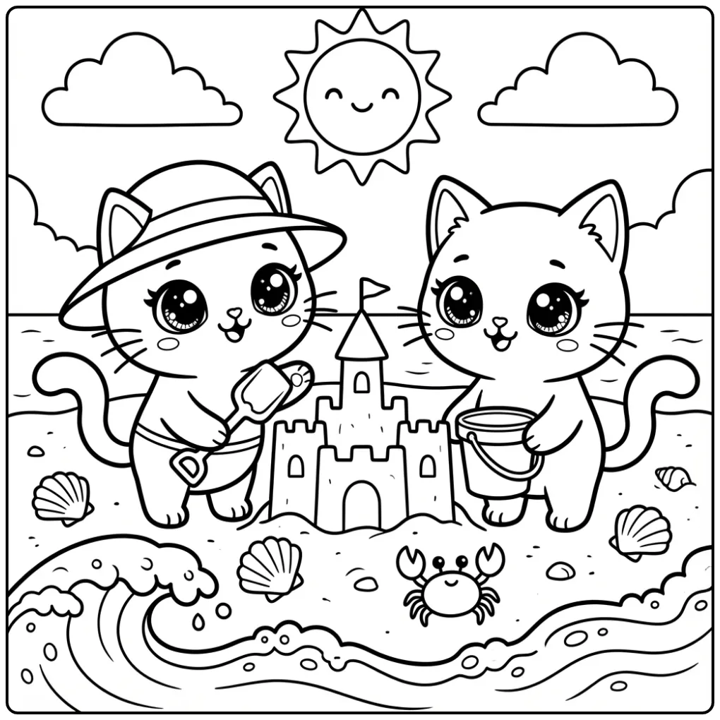 Kawaii Cat coloring page building a sandcastle on the beach