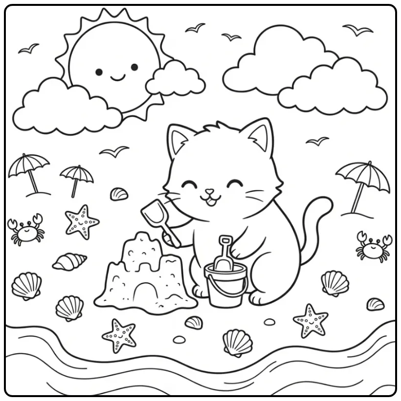 Summer Kitten by the Sea with Shells coloring page