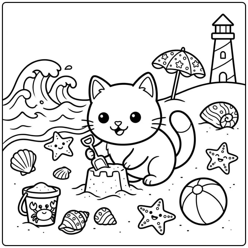 Summer Cute Kitten with Sandcastle and Shells coloring page