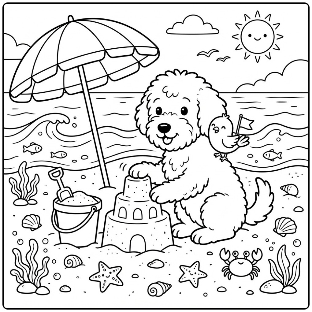 Labradoodle Building a Sandcastle at the Beach coloring page
