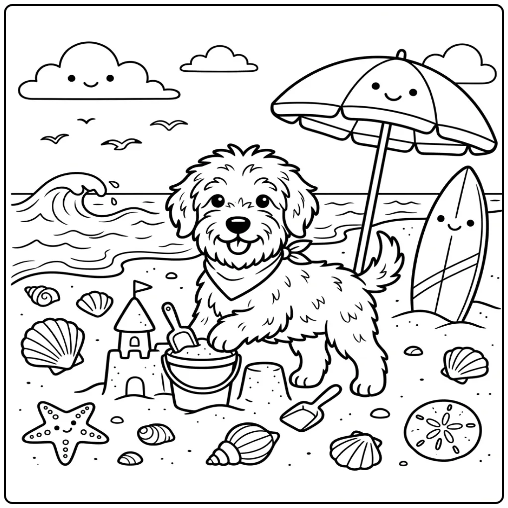 Labradoodle Puppy Building a Sandcastle coloring page