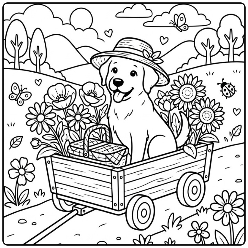 Summery Labrador with Hat in a Flower Field coloring page