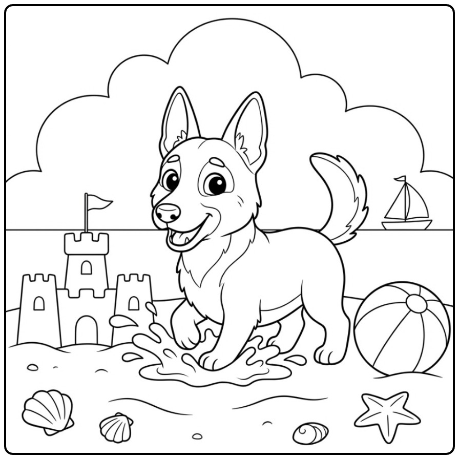 Belgian Malinois at the Beach with a Sandcastle coloring page