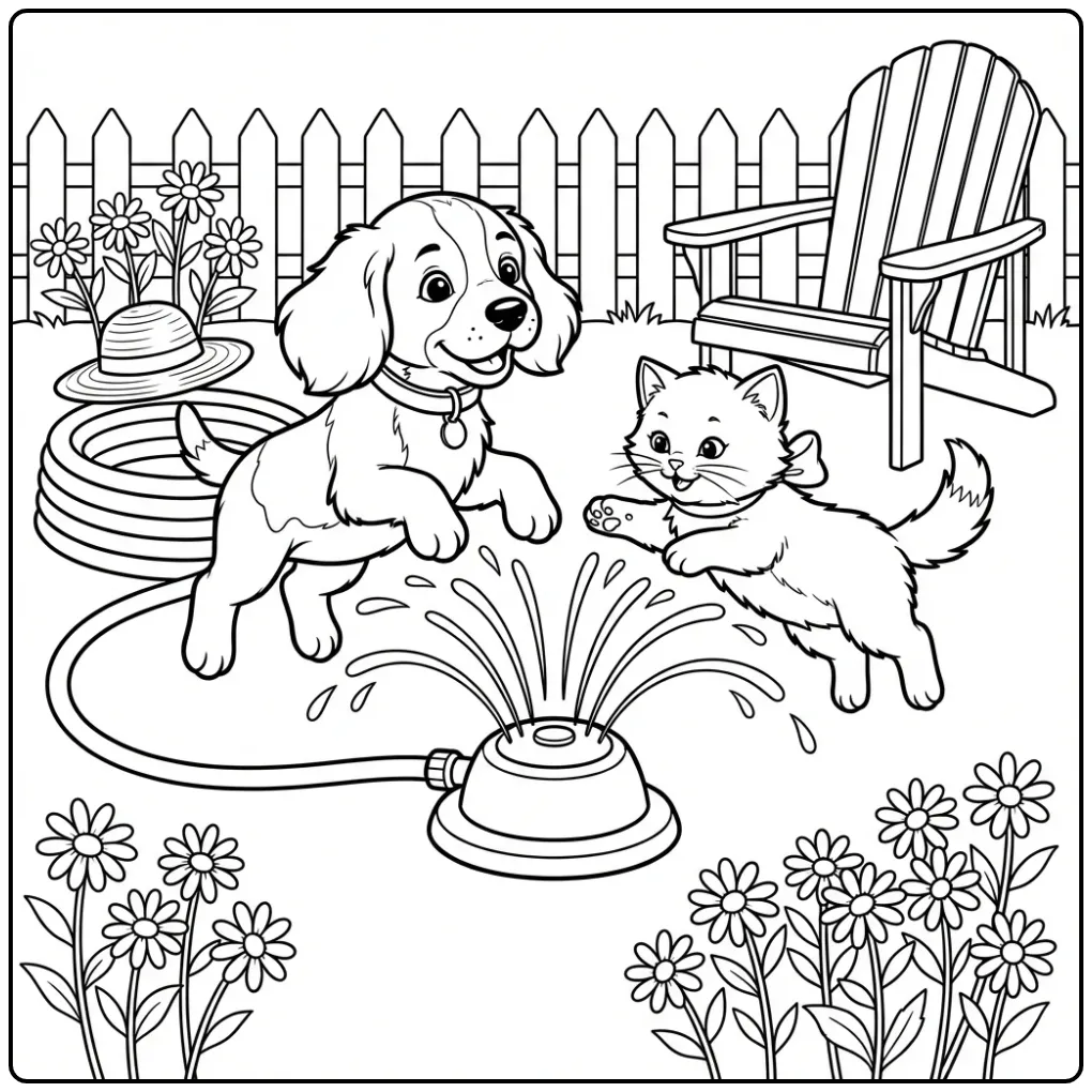 English Springer Spaniel Puppy and Kitten Running Through a Sprinkler coloring page