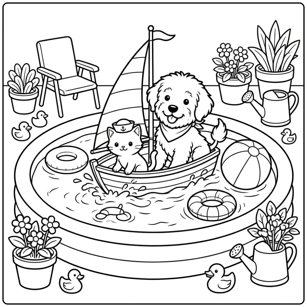 Portuguese Water Dog Puppy and Kitten Sailing a Toy Boat coloring page