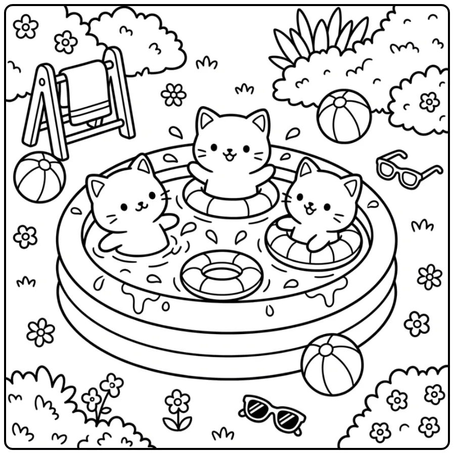 Summer Cute Kittens Having Water Fun coloring page