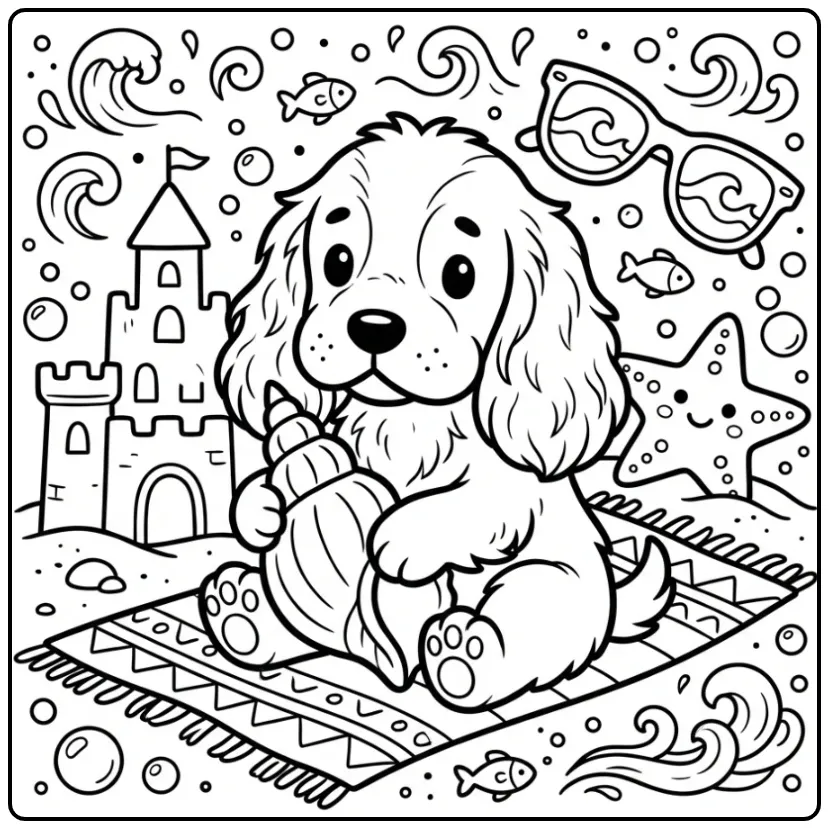 Summer Cute Puppy with Sandcastle coloring page
