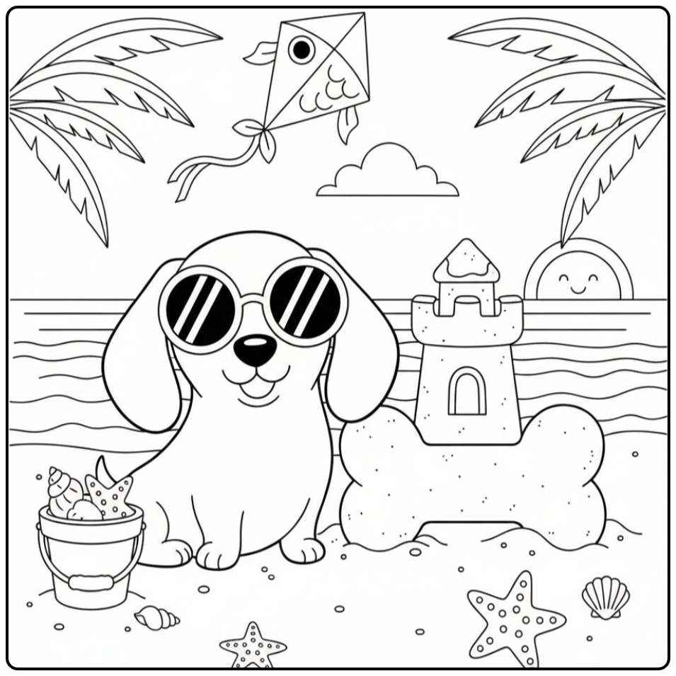 Summery Dachshund with a Kite and Sand Castle coloring page