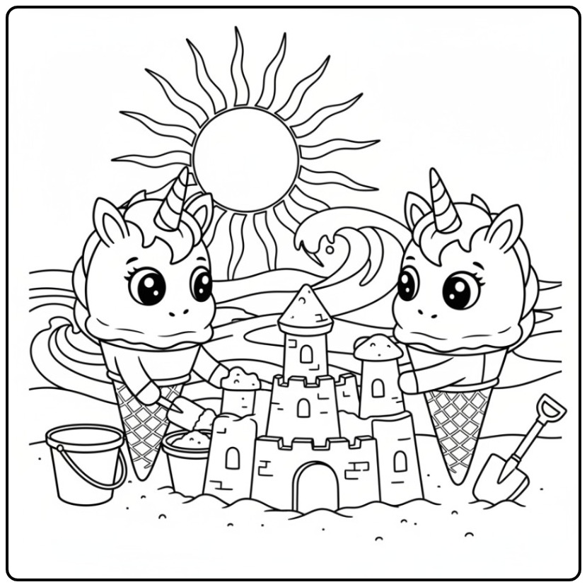 Summery Unicorn Ice Cream at the Beach with Sand Castle coloring page