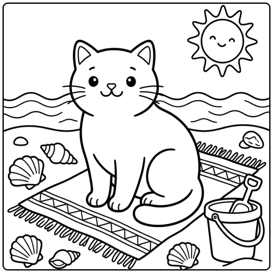 Cute Cat coloring page on the beach with shells