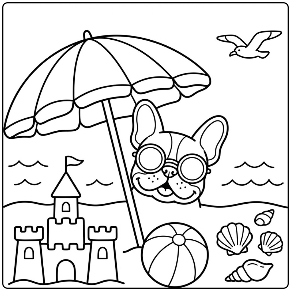 French Bulldog Dog Head at the Beach coloring page