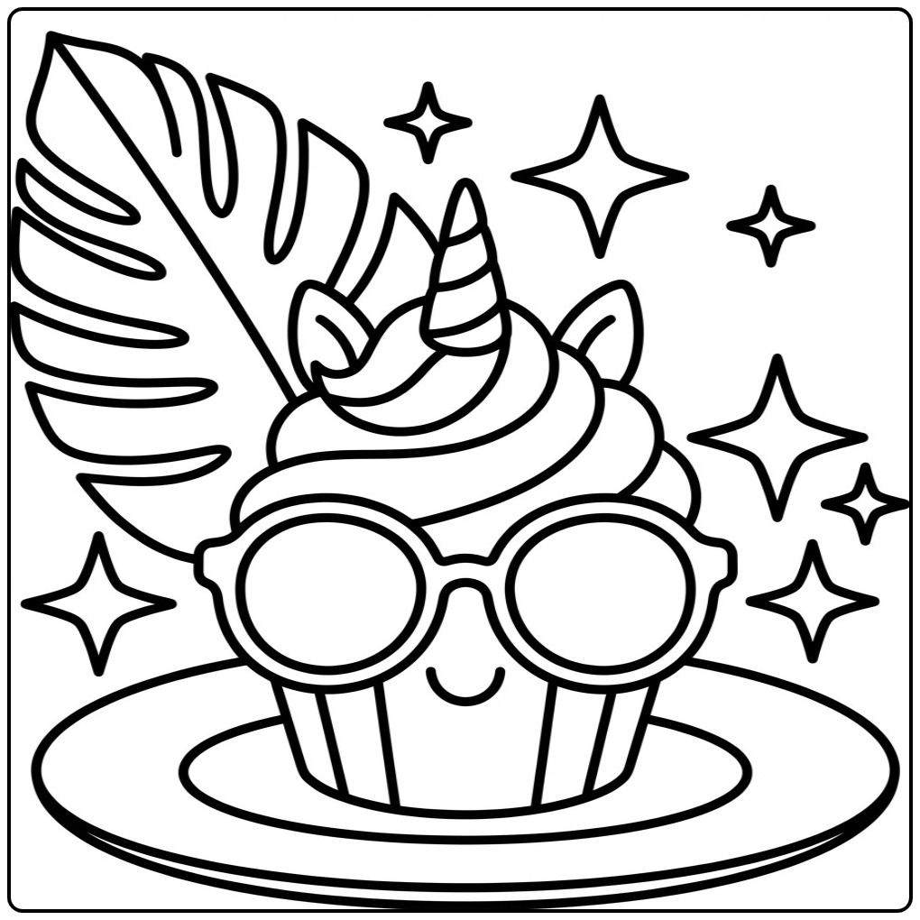 Summery Unicorn Cupcake Cheerful coloring page