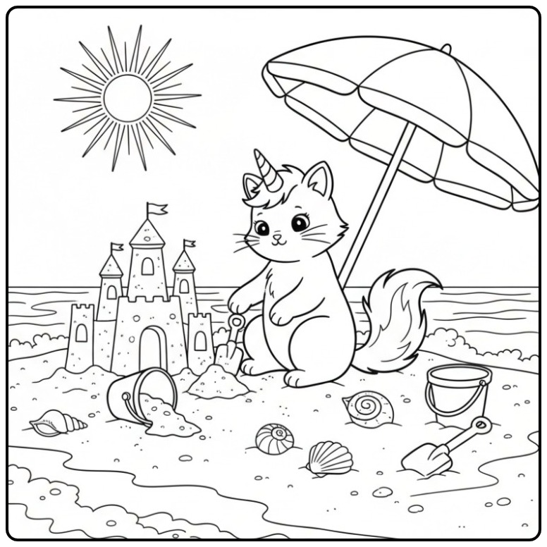 Summery Unicorn Cat a Sand Castle Building coloring page