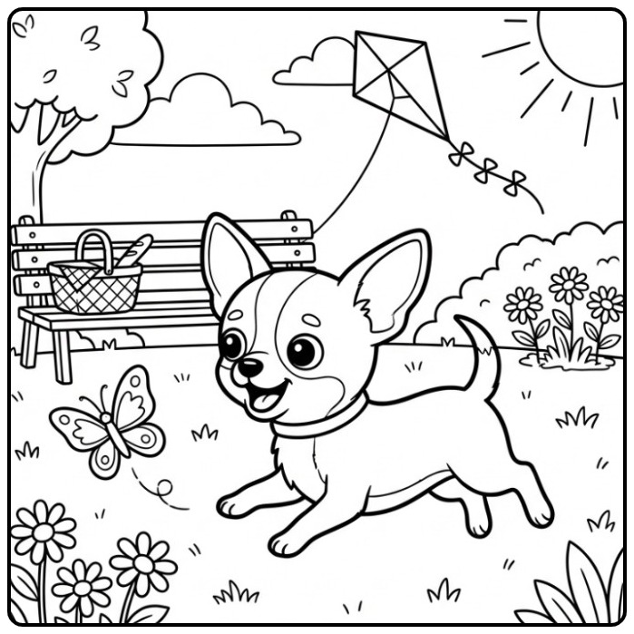 Sunny Day in the Park Chihuahua with a Kite coloring page