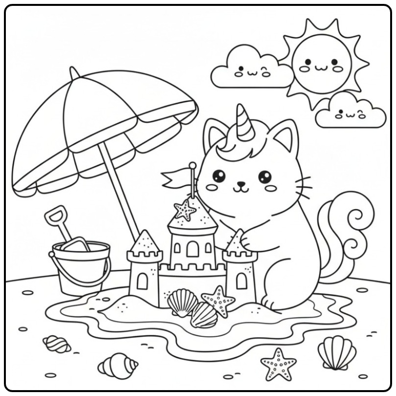 Sunny Day Kawaii Unicorn Cat Sand Castle coloring page