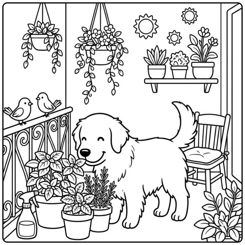 Sunny Day Golden Retriever on a Cozy Balcony coloring page