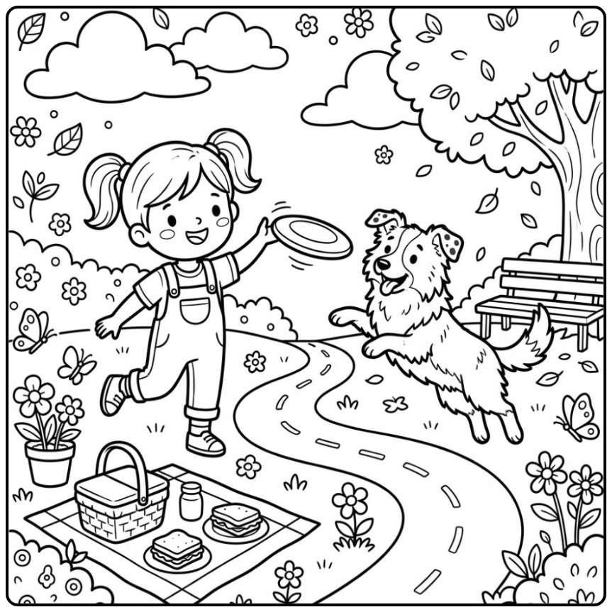 Girl Playing Frisbee with a Border Collie coloring page