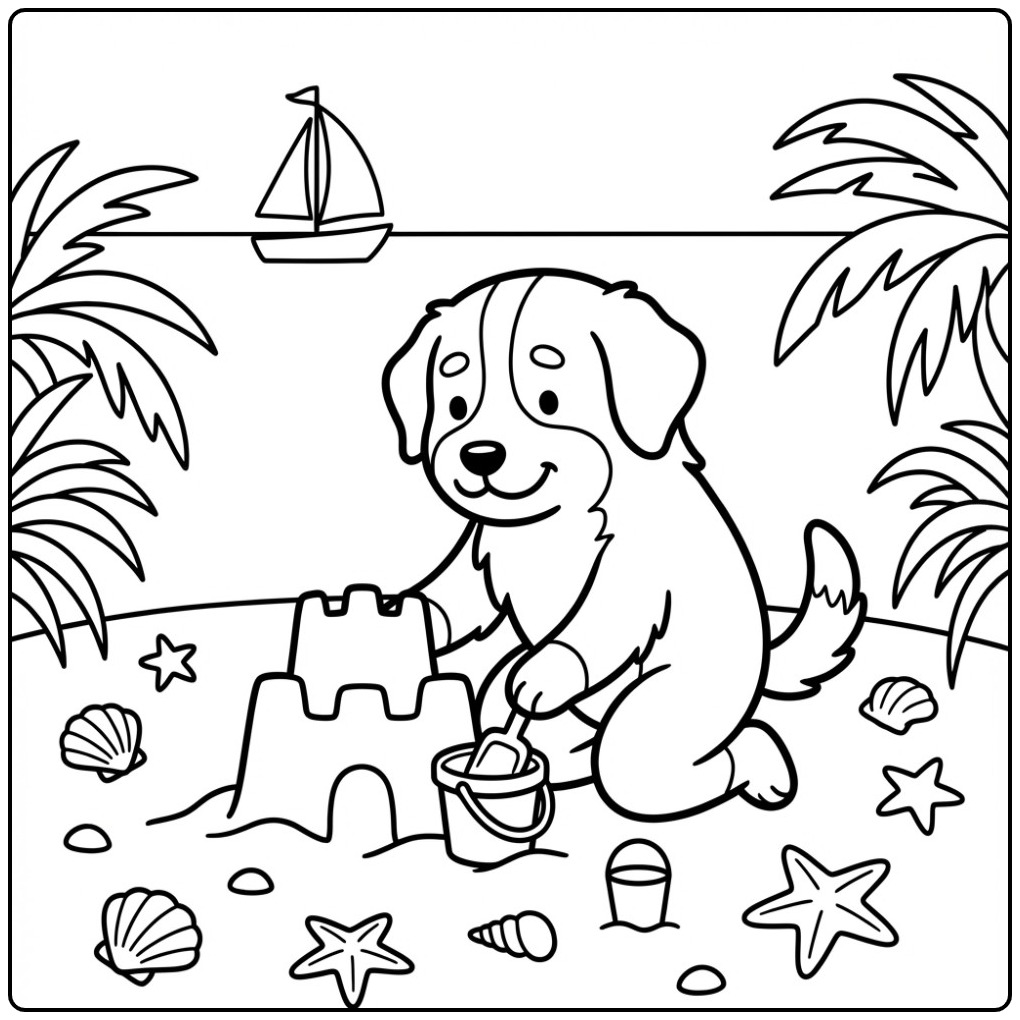 Bernese Mountain Dog Building a Sandcastle coloring page