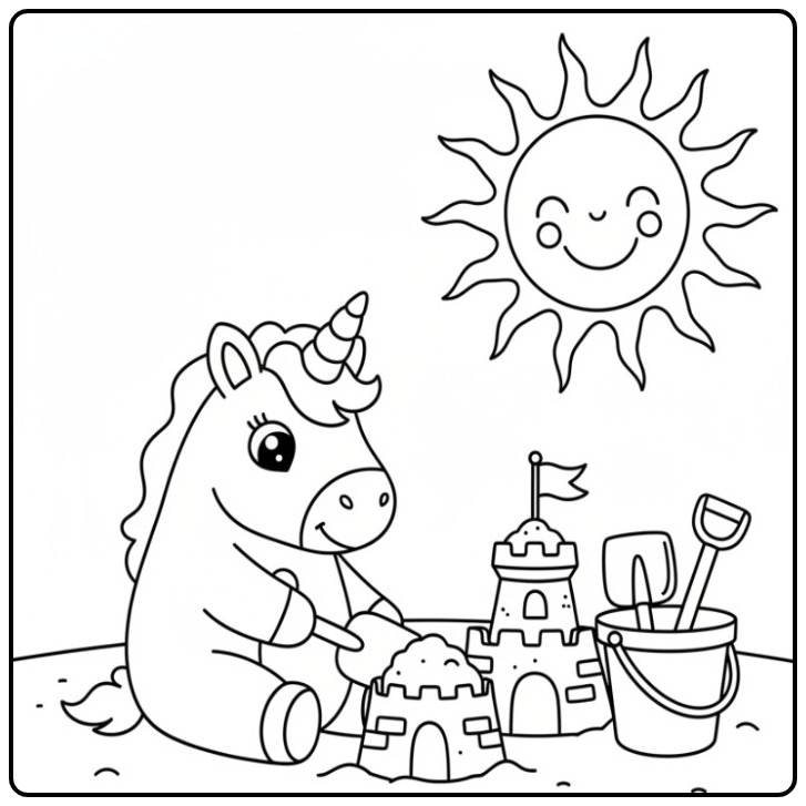 Sunny Day on the Beach Unicorn Cute coloring page