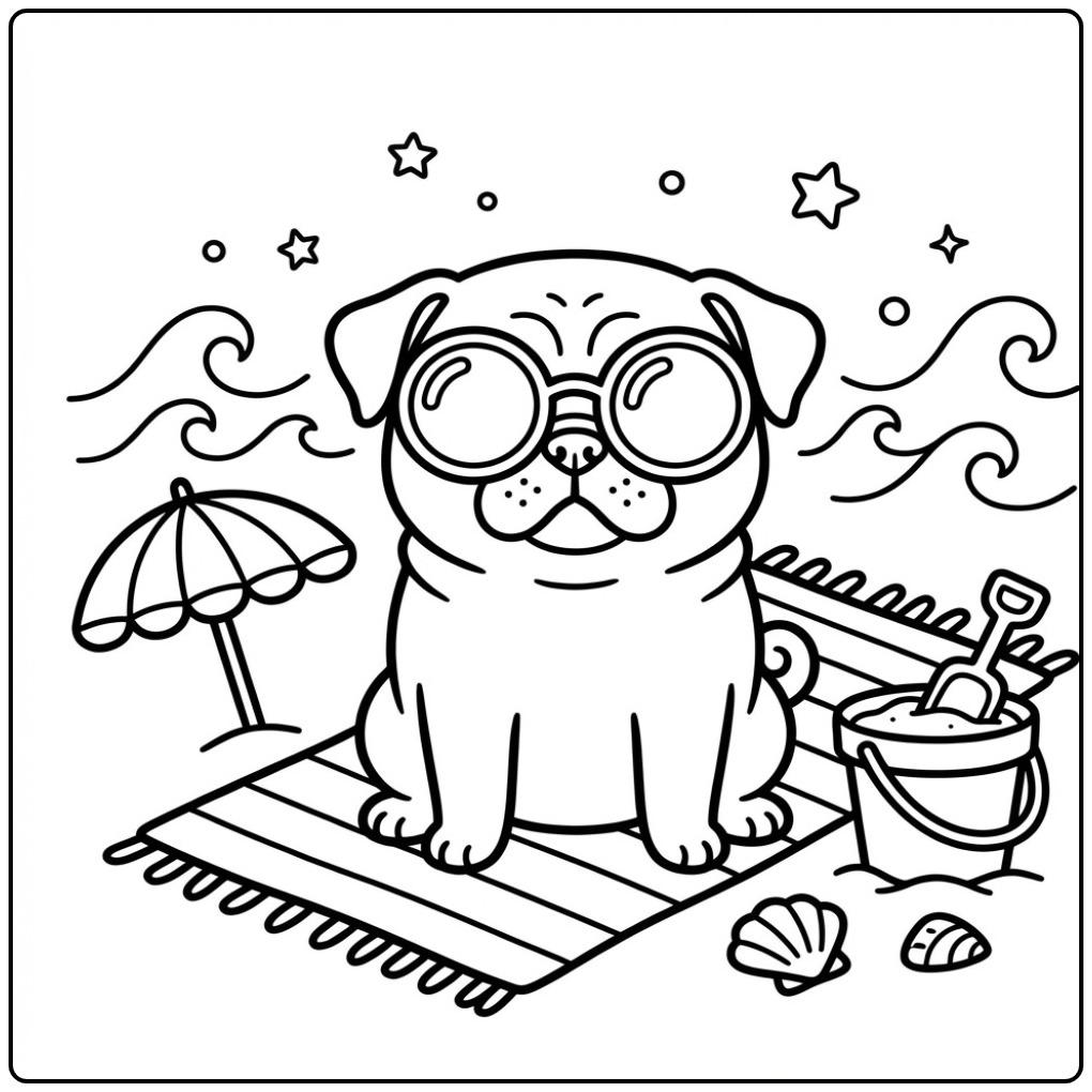 Sunny Day on the Beach Pug coloring page