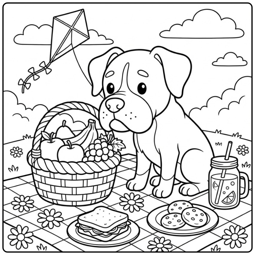 Sunny Day Picnic Boxer Dog with Tasty Food coloring page