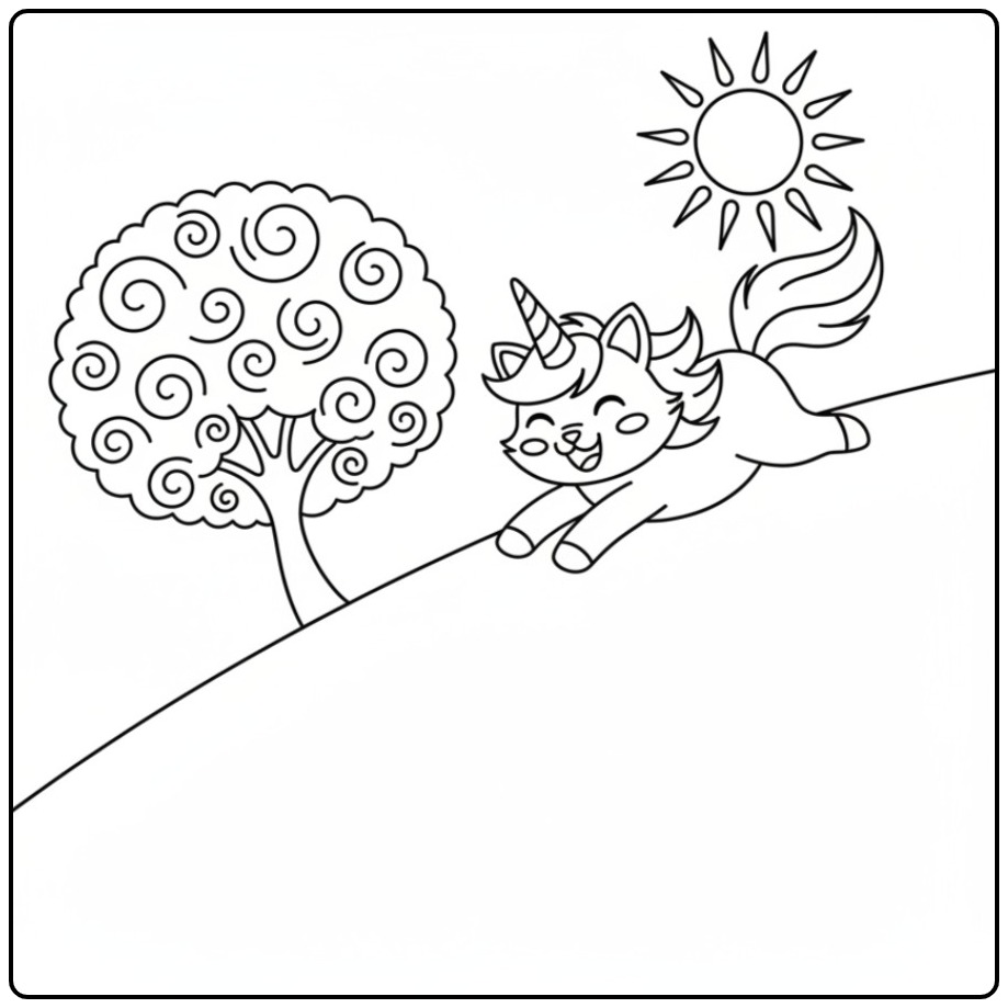 Sunny Unicorn Cat Cheerful of a Hill Down Running coloring page