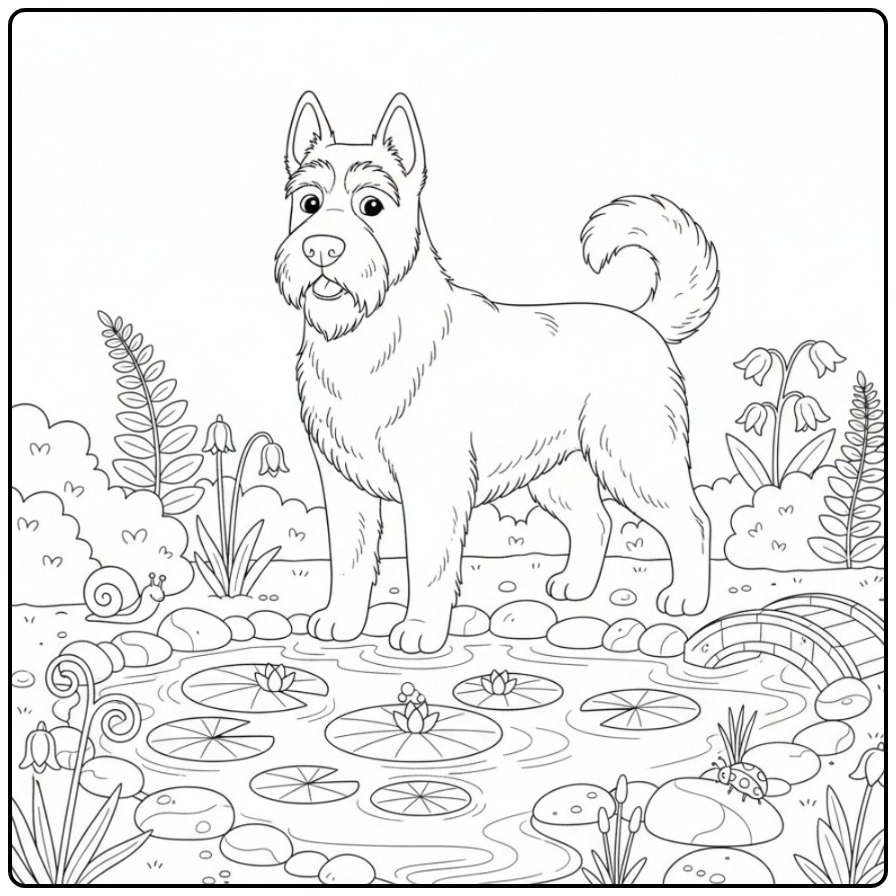 Black Russian Terrier by a Garden Pond coloring page